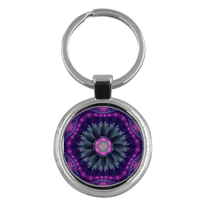 Beautiful Hot Pink And Gray Fractal Anemone Kisses Key Chains (Round) 