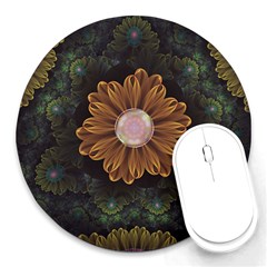 Abloom In Autumn Leaves With Faded Fractal Flowers Round Mousepads by jayaprime