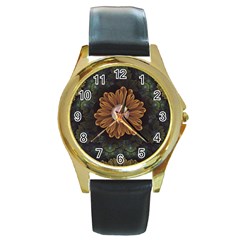 Abloom In Autumn Leaves With Faded Fractal Flowers Round Gold Metal Watch by jayaprime