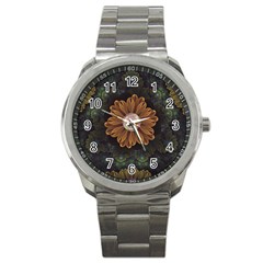 Abloom In Autumn Leaves With Faded Fractal Flowers Sport Metal Watch by jayaprime