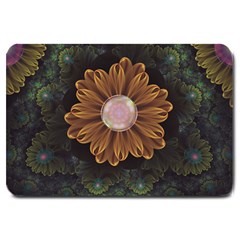 Abloom In Autumn Leaves With Faded Fractal Flowers Large Doormat  by jayaprime