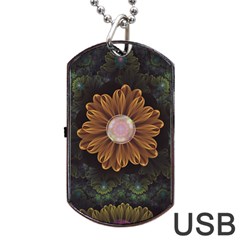 Abloom In Autumn Leaves With Faded Fractal Flowers Dog Tag Usb Flash (two Sides) by jayaprime