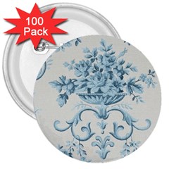 Blue Vintage Floral  3  Buttons (100 Pack)  by NouveauDesign