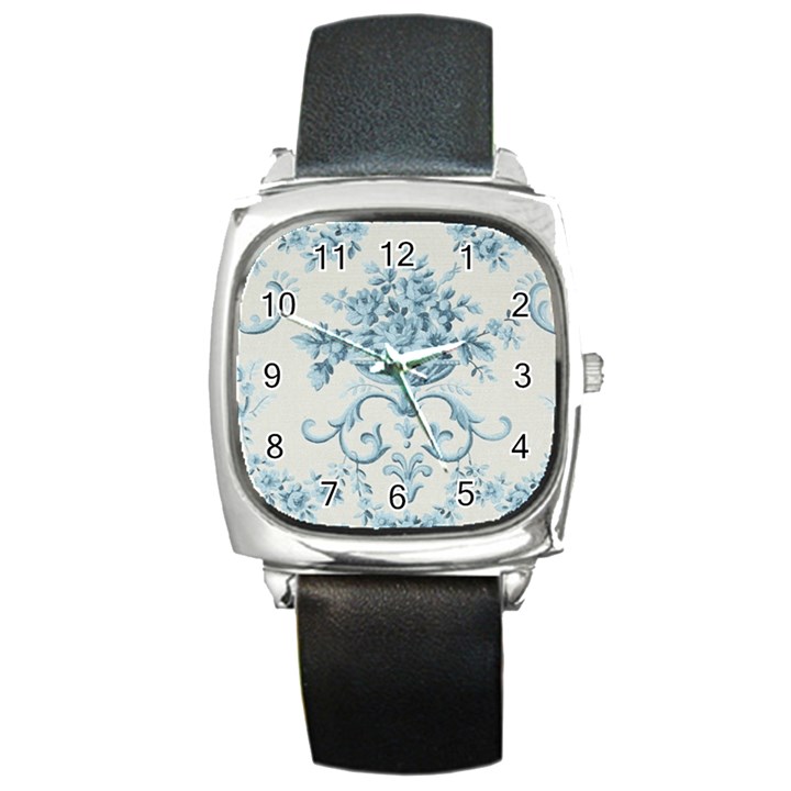 Blue Vintage Floral  Square Metal Watch