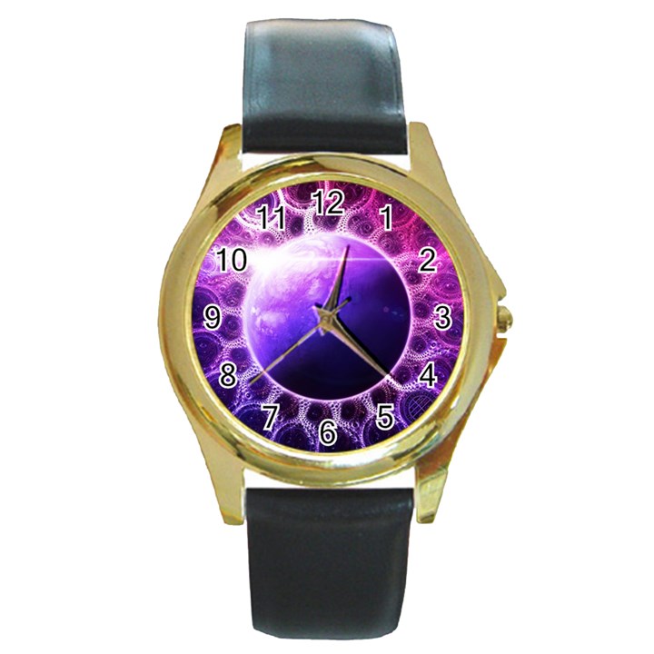 Beautiful Violet NASA Deep Dream Fractal Mandala Round Gold Metal Watch