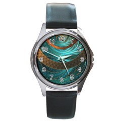 Beautiful Leather & Blue Turquoise Fractal Jewelry Round Metal Watch by jayaprime