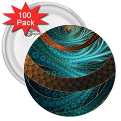 Beautiful Leather & Blue Turquoise Fractal Jewelry 3  Buttons (100 Pack)  by jayaprime