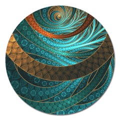 Beautiful Leather & Blue Turquoise Fractal Jewelry Magnet 5  (round) by jayaprime