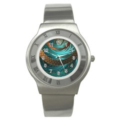 Beautiful Leather & Blue Turquoise Fractal Jewelry Stainless Steel Watch by jayaprime