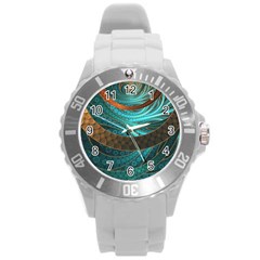 Beautiful Leather & Blue Turquoise Fractal Jewelry Round Plastic Sport Watch (l) by jayaprime