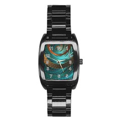 Beautiful Leather & Blue Turquoise Fractal Jewelry Stainless Steel Barrel Watch by jayaprime