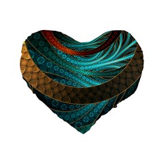 Beautiful Leather & Blue Turquoise Fractal Jewelry Standard 16  Premium Flano Heart Shape Cushions by jayaprime