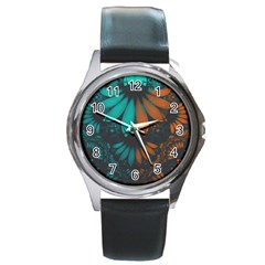 Beautiful Teal And Orange Paisley Fractal Feathers Round Metal Watch by jayaprime