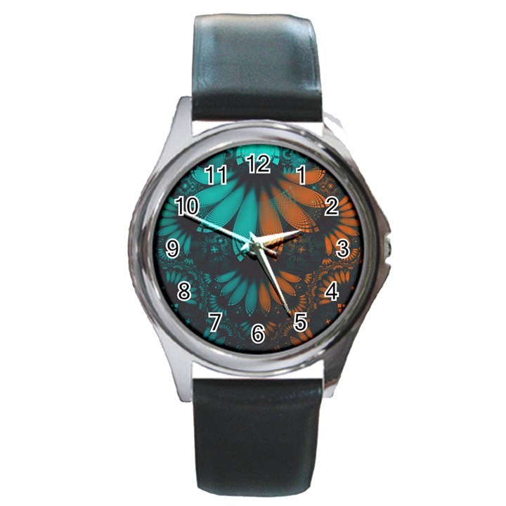 Beautiful Teal and Orange Paisley Fractal Feathers Round Metal Watch