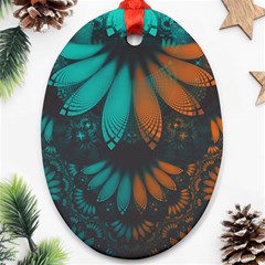 Beautiful Teal And Orange Paisley Fractal Feathers Ornament (oval) by jayaprime