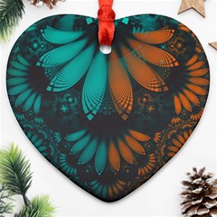 Beautiful Teal And Orange Paisley Fractal Feathers Ornament (heart) by jayaprime