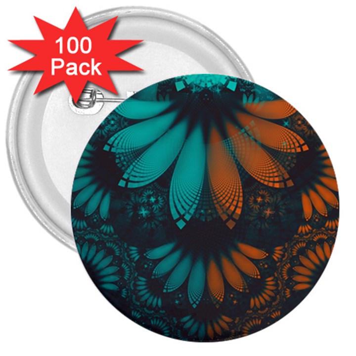 Beautiful Teal and Orange Paisley Fractal Feathers 3  Buttons (100 pack) 