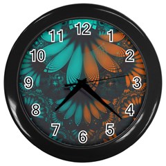 Beautiful Teal And Orange Paisley Fractal Feathers Wall Clocks (black) by jayaprime