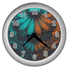 Beautiful Teal And Orange Paisley Fractal Feathers Wall Clocks (silver)  by jayaprime