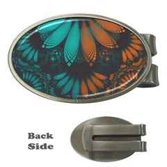 Beautiful Teal And Orange Paisley Fractal Feathers Money Clips (oval)  by jayaprime