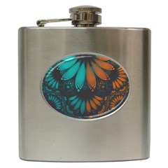 Beautiful Teal And Orange Paisley Fractal Feathers Hip Flask (6 Oz) by jayaprime