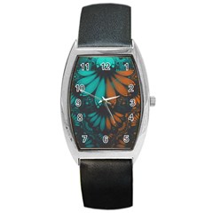 Beautiful Teal And Orange Paisley Fractal Feathers Barrel Style Metal Watch by jayaprime