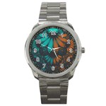 Beautiful Teal and Orange Paisley Fractal Feathers Sport Metal Watch Front