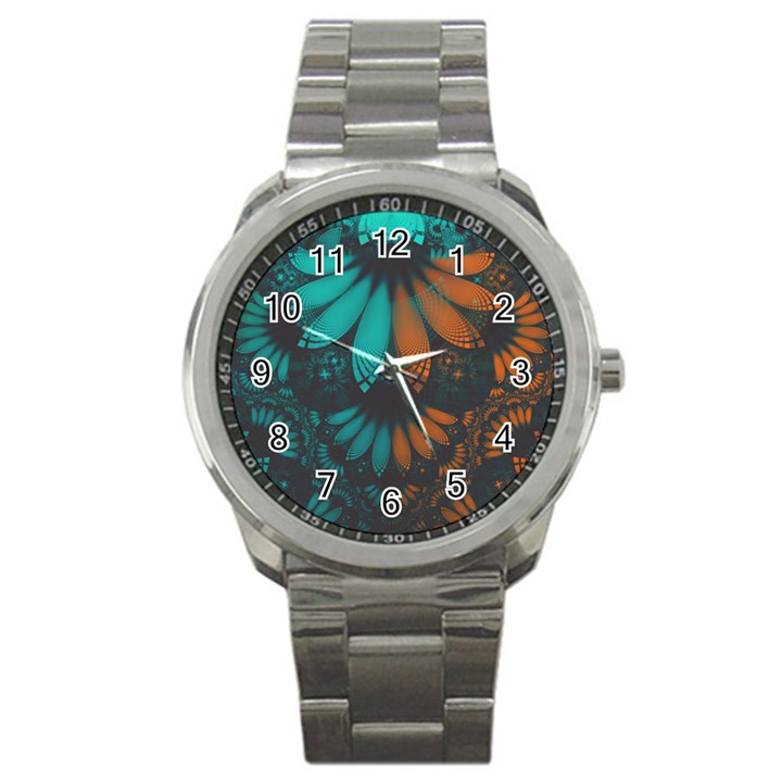 Beautiful Teal and Orange Paisley Fractal Feathers Sport Metal Watch