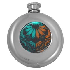 Beautiful Teal And Orange Paisley Fractal Feathers Round Hip Flask (5 Oz) by jayaprime