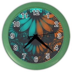 Beautiful Teal And Orange Paisley Fractal Feathers Color Wall Clocks by jayaprime