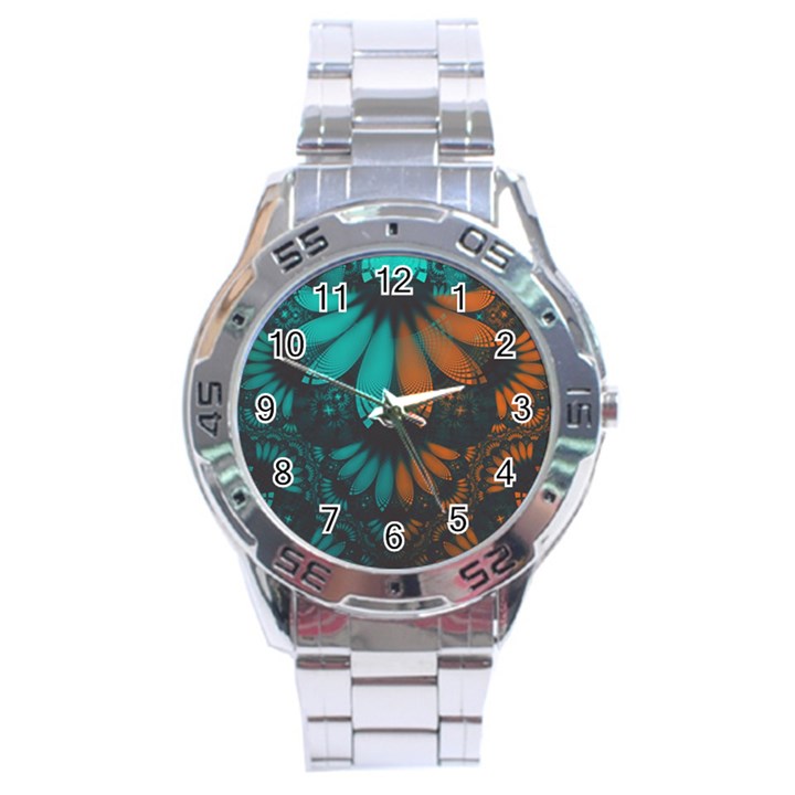 Beautiful Teal and Orange Paisley Fractal Feathers Stainless Steel Analogue Watch