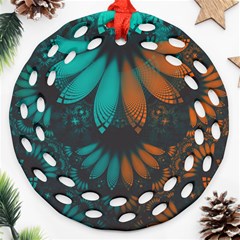 Beautiful Teal And Orange Paisley Fractal Feathers Ornament (round Filigree) by jayaprime