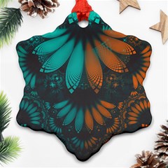 Beautiful Teal And Orange Paisley Fractal Feathers Ornament (snowflake) by jayaprime