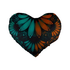 Beautiful Teal And Orange Paisley Fractal Feathers Standard 16  Premium Heart Shape Cushions by jayaprime