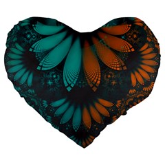 Beautiful Teal And Orange Paisley Fractal Feathers Large 19  Premium Heart Shape Cushions by jayaprime