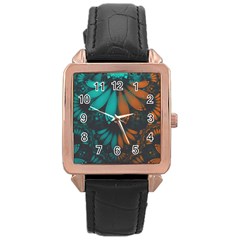 Beautiful Teal And Orange Paisley Fractal Feathers Rose Gold Leather Watch  by jayaprime