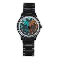 Beautiful Teal And Orange Paisley Fractal Feathers Stainless Steel Round Watch by jayaprime