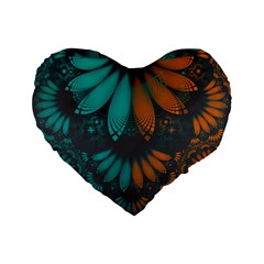 Beautiful Teal And Orange Paisley Fractal Feathers Standard 16  Premium Flano Heart Shape Cushions by jayaprime