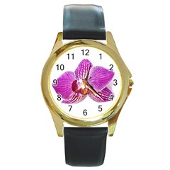 Lilac Phalaenopsis Aquarel  watercolor art painting Round Gold Metal Watch