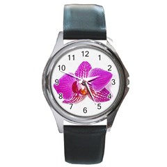 Lilac Phalaenopsis Flower, Floral Oil Painting Art Round Metal Watch by picsaspassion