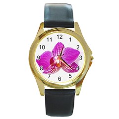 Lilac Phalaenopsis Flower, Floral Oil Painting Art Round Gold Metal Watch by picsaspassion