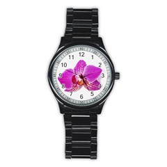 Lilac Phalaenopsis Flower, Floral Oil Painting Art Stainless Steel Round Watch by picsaspassion