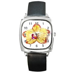 Yellow Phalaenopsis Flower, Floral Aquarel Watercolor Painting Art Square Metal Watch by picsaspassion