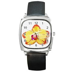 Phalaenopsis Yellow Flower, Floral Oil Painting Art Square Metal Watch by picsaspassion