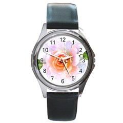 Pink Rose Flower, Floral Watercolor Aquarel Painting Art Round Metal Watch by picsaspassion