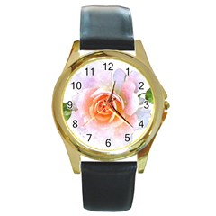 Pink Rose Flower, Floral Watercolor Aquarel Painting Art Round Gold Metal Watch by picsaspassion