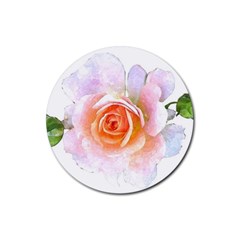 Pink Rose Flower, Floral Watercolor Aquarel Painting Art Rubber Round Coaster (4 Pack)  by picsaspassion