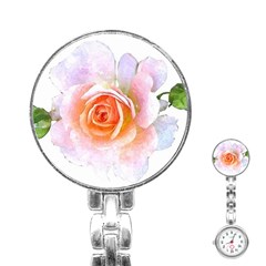 Pink Rose Flower, Floral Watercolor Aquarel Painting Art Stainless Steel Nurses Watch by picsaspassion