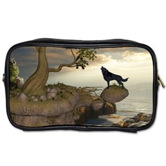 The Lonely Wolf On The Flying Rock Toiletries Bags 2-side by FantasyWorld7