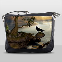 The Lonely Wolf On The Flying Rock Messenger Bags by FantasyWorld7